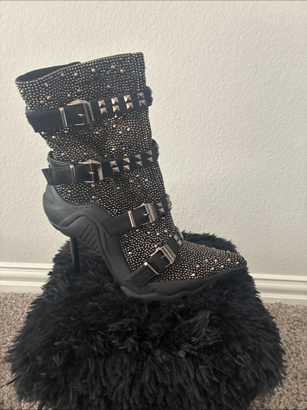 Crystal-Embellished Black High-Heel Buckle Boot